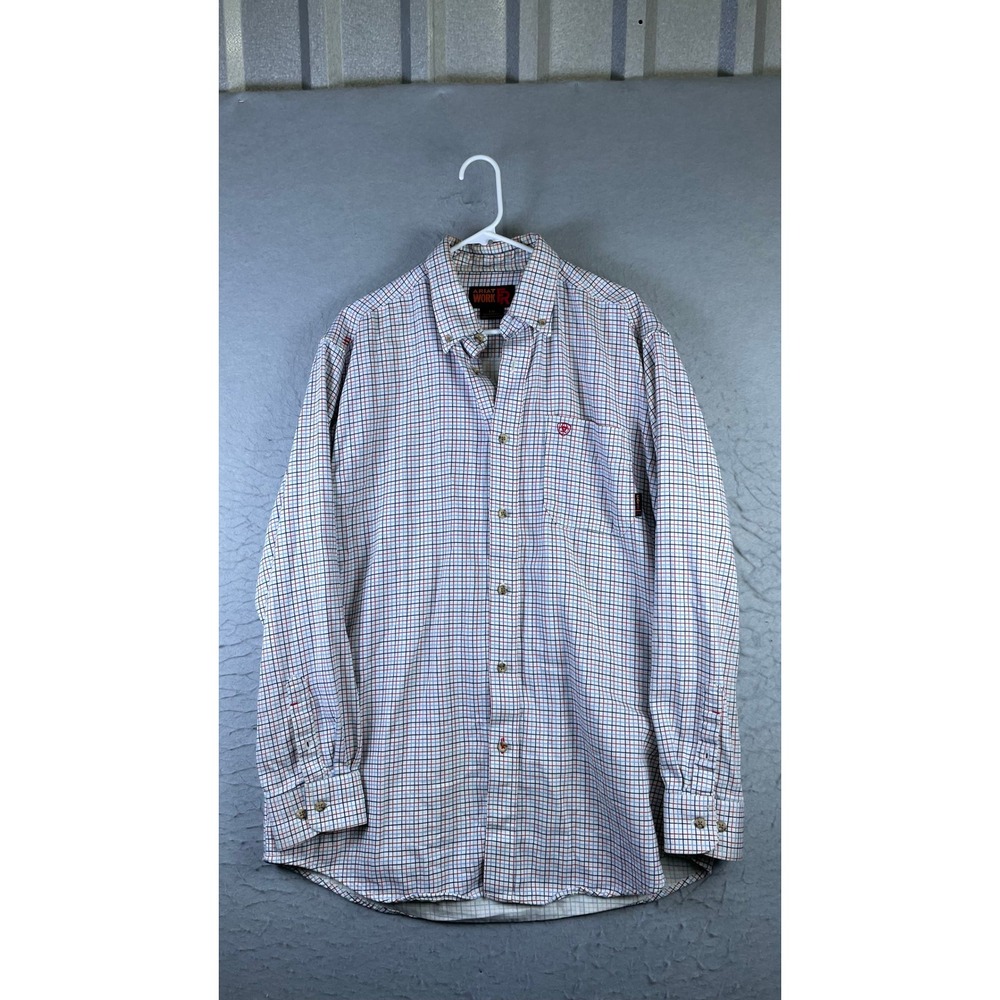 Ariat Work FR Shirt Mens Large L White Blue Red Plaid Flame Resistant CAT 2 2112
